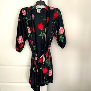 Secret Treasures Black Silky Robe with Red and Pink Roses Size M